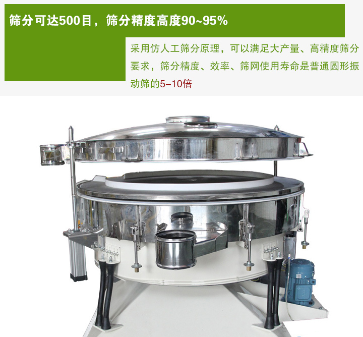 搖擺篩分機采用仿人工篩分原理，可以滿足大產量、高精度篩分 要求，篩分精度、效率、篩網使用壽命是普通圓形振 動篩的5-10倍